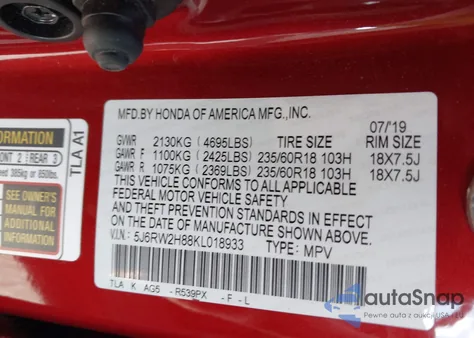 2019 Honda Cr-V Ex-L из США, поврежденный, VIN 5J6RW2H88KL018933